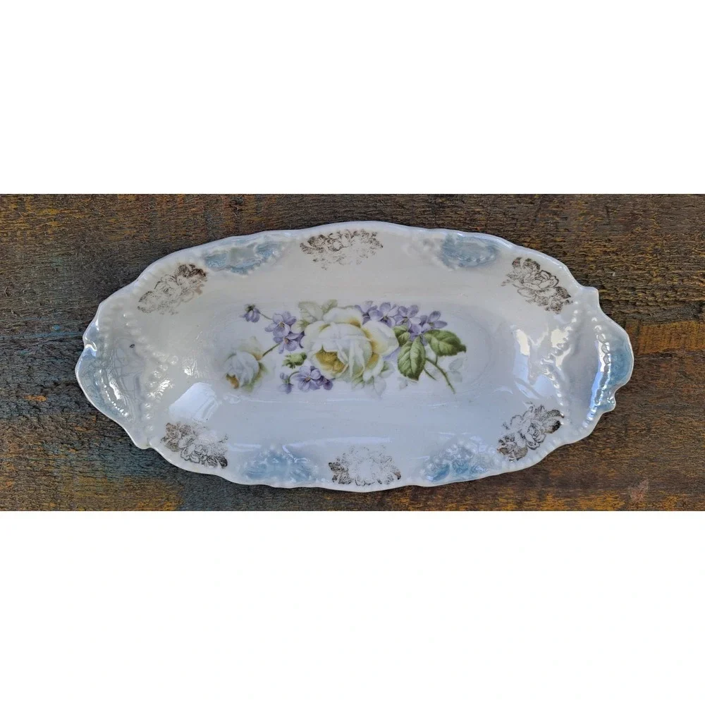 Antique Rose Decorated Hand-Painted Porcelain Relish Tray Germany‎  8.5x4.5